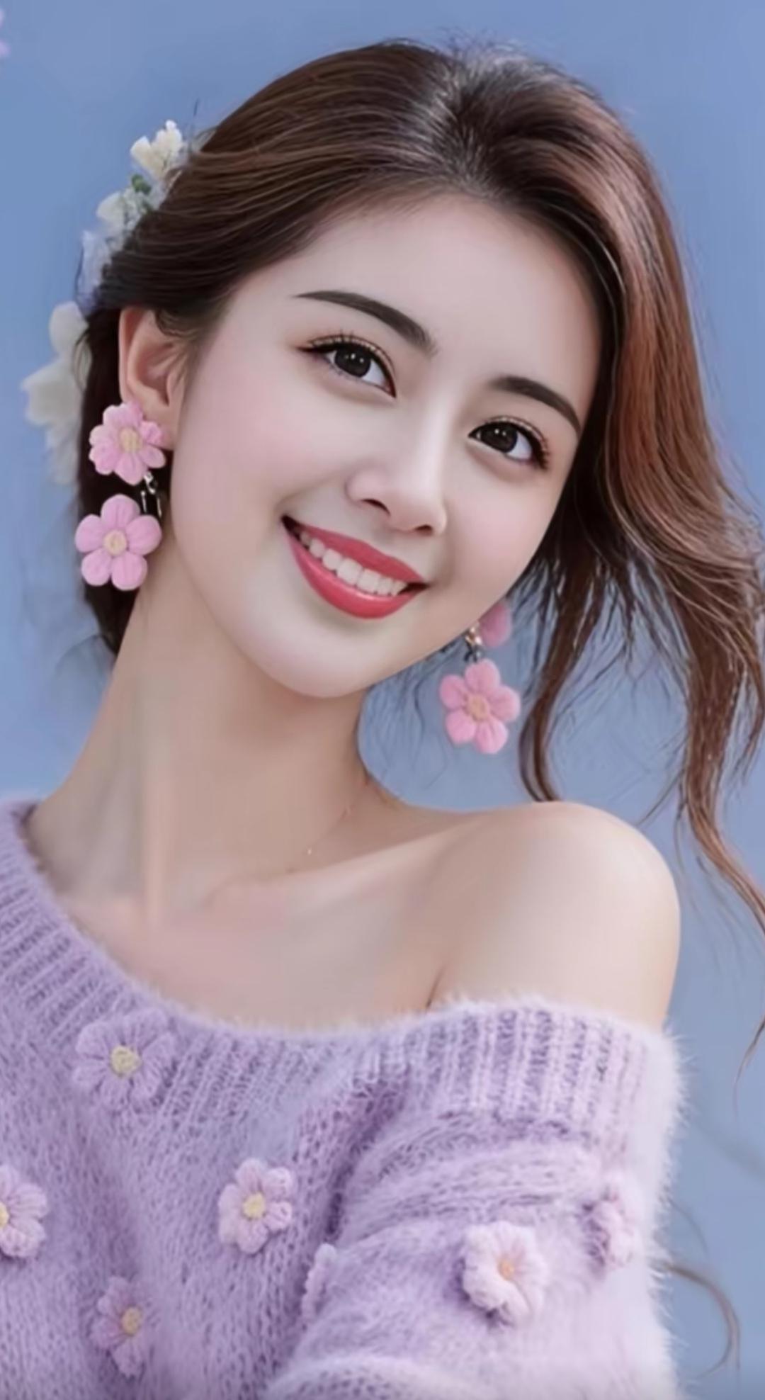 甜美少女风，粉色花朵耳环与毛衣相得益彰，微笑的魅力无限！高清美女 优雅美图分享