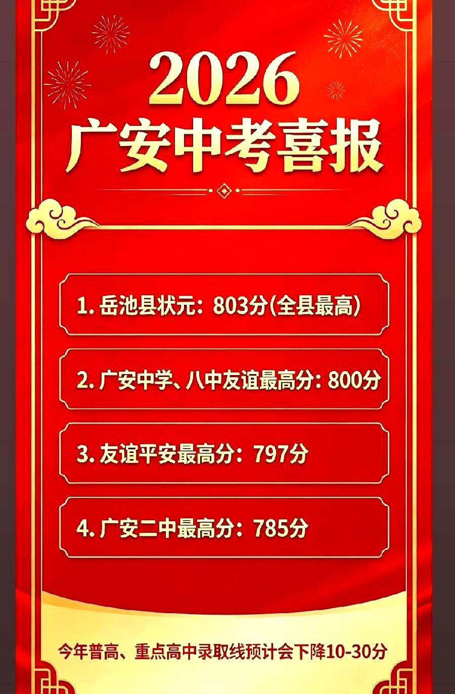 傍晚刷屏的是一张“广安喜报”，红底黄字、名字成行，隔着屏幕都能听见掌声。
广安人