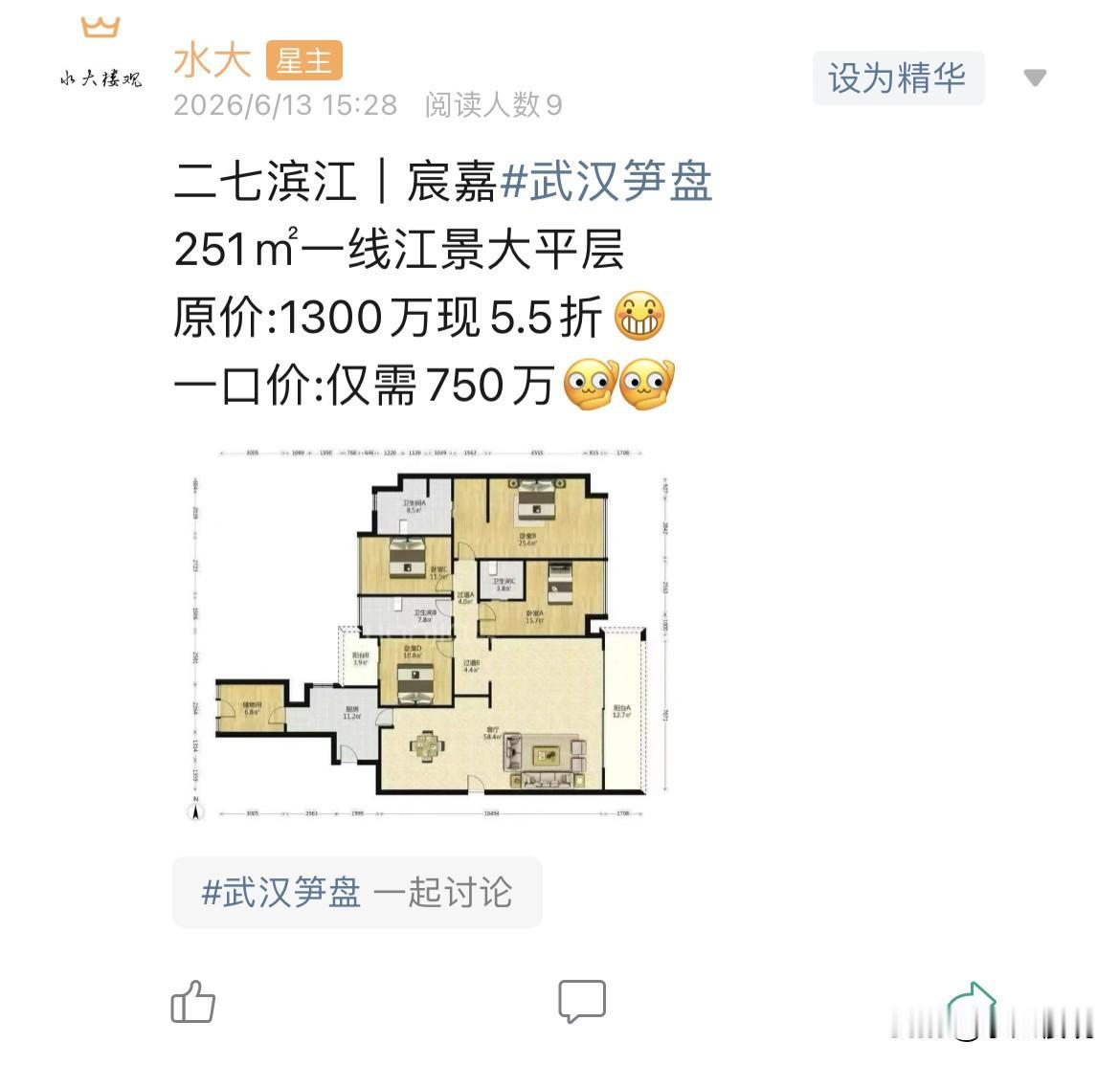 今日美居
        二七滨江，大平层，251平，看江，750万，这个还是很