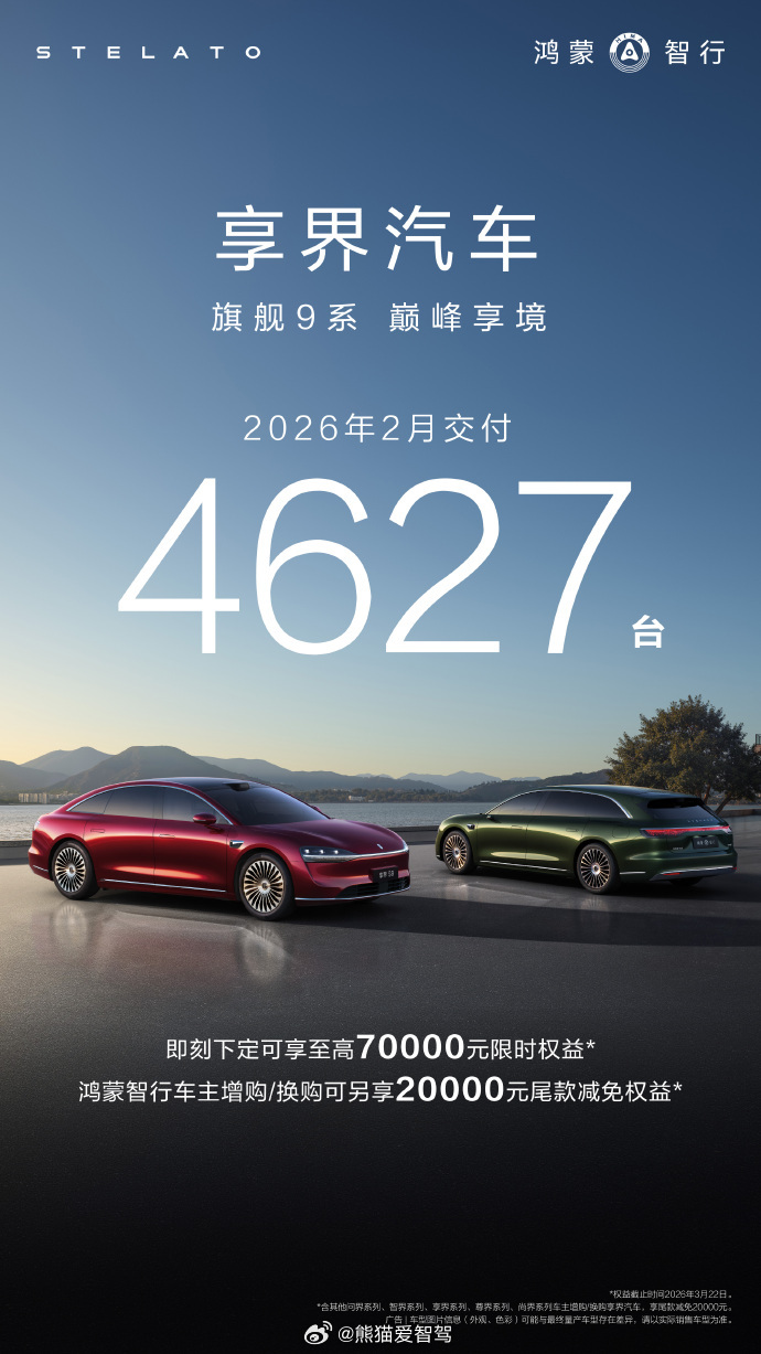 享界汽车 也是好起来了，2月交付4627台，2026年1月-2月交付累计突破10