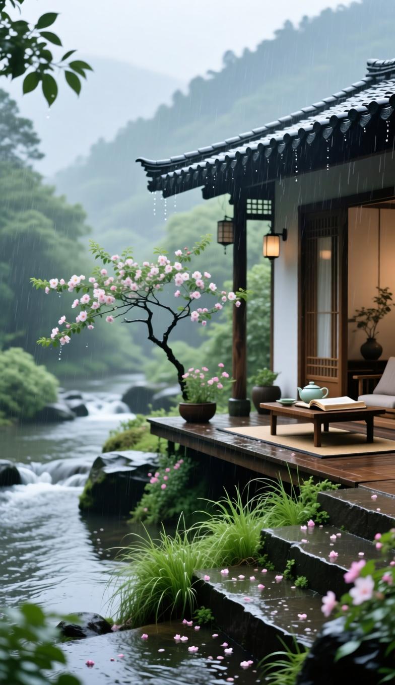 七律•静悟
 
抛开尘扰避喧哗，小筑临溪赏物华。
细雨润阶生浅草，清风绕院落残花