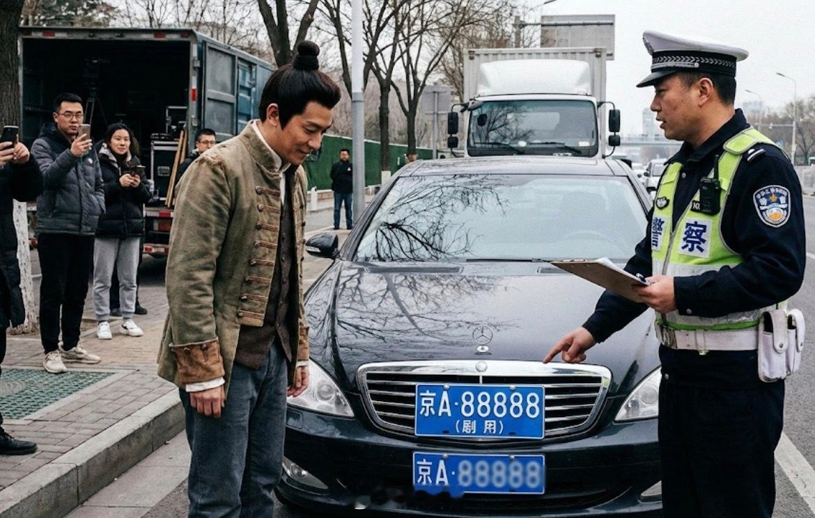 短剧演员忘摘道具车牌被查处这剧组也是心大，拍完戏连道具都不收就让演员把车开走了。