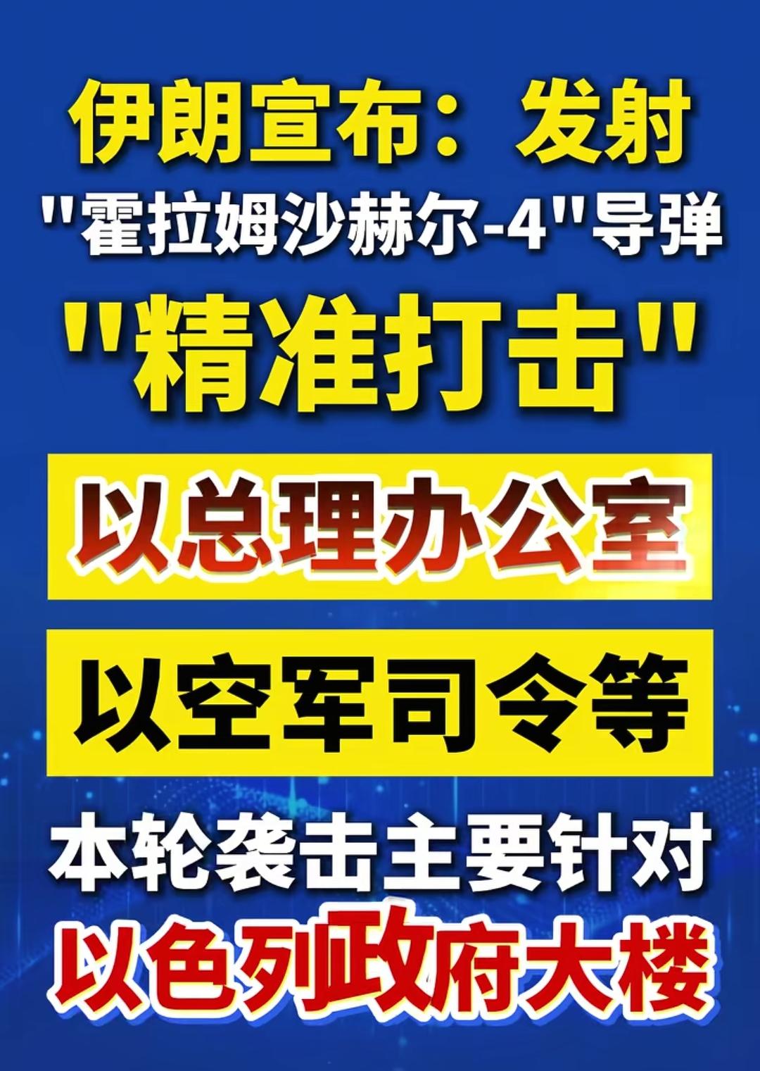 伊朗这样做就对了！
目标升级轰炸以色列总理。
武器升级高超音速导弹打击。
范围扩
