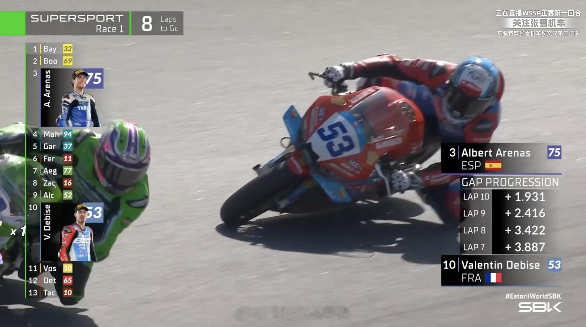 WSBK葡萄牙站第一回合德比斯第6带回，后半程追击的太精彩了。75号阿雷纳斯提前