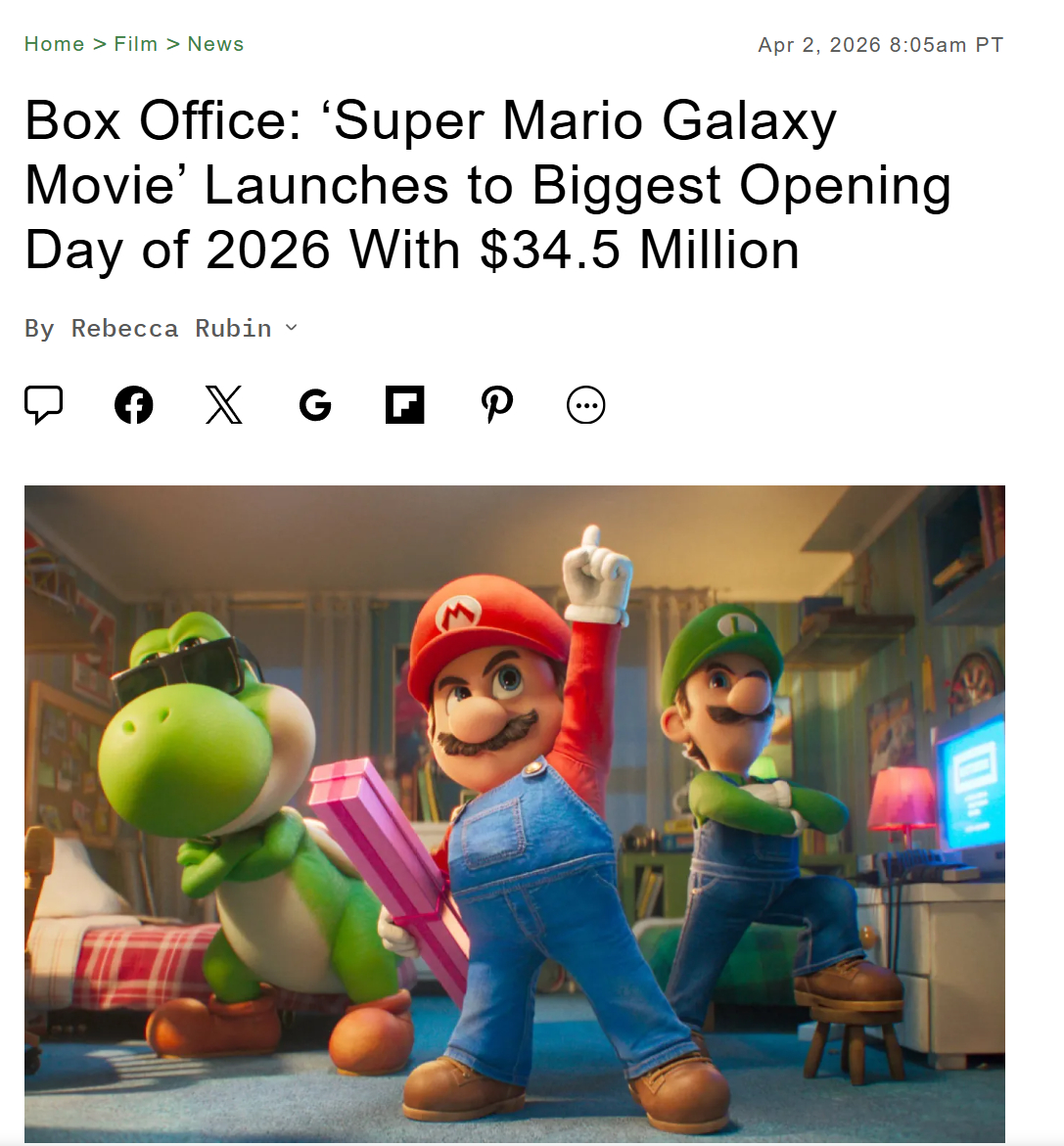 TNABO 《超级马里奥2》北美周三上映第一天斩获3450万美元，在没有提前场加