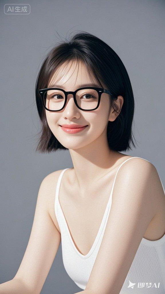 18岁美女，清爽利落的短发，面庞白皙精致，高挺的鼻梁，红润的嘴唇，嘴角微微上扬，