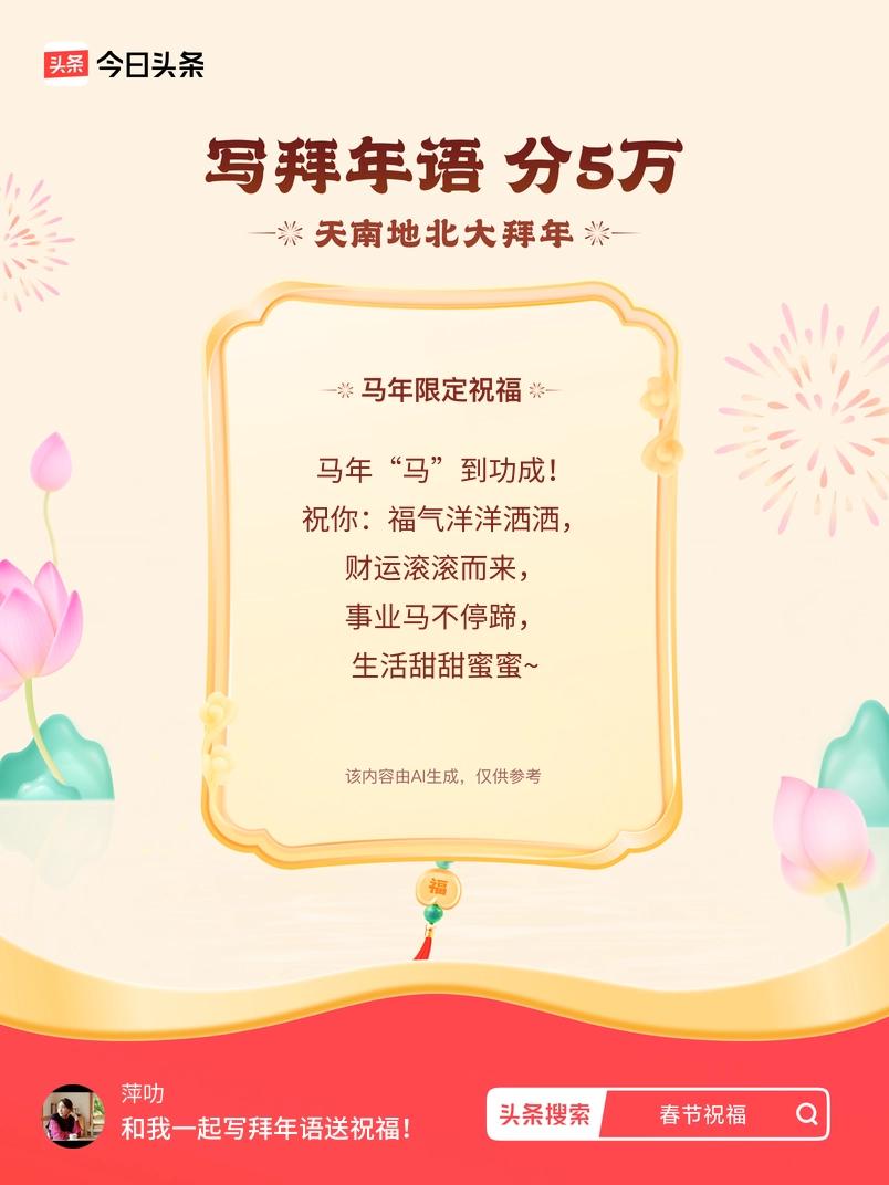 写拜年语送祝福新春拜年送祝福！我的祝福是：“马年“马”到功成！祝你：福气洋洋洒洒