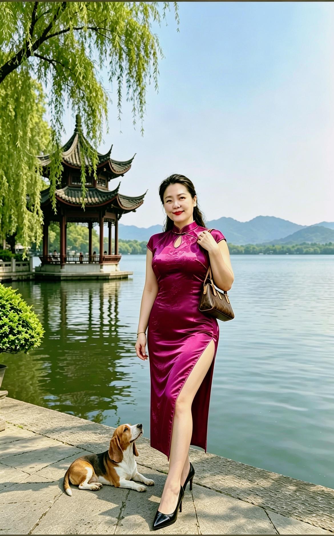 我大姐虽然五十二岁了，但气质一点没有减，单位退休后就爱穿旗袍湖边领着爱犬巴吉度溜