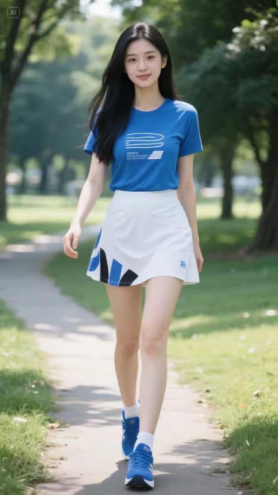 蓝调活力
 
她身着蓝色短袖T恤，搭配白蓝配色的运动短裙，脚踩蓝色运动鞋，步伐轻