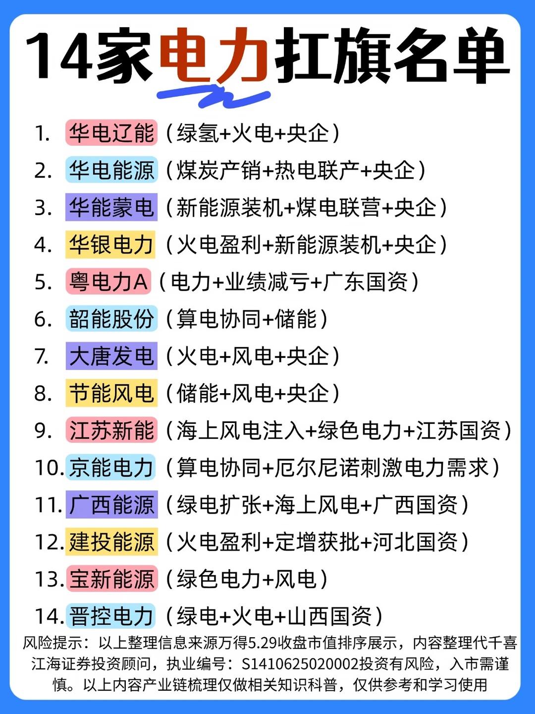 🏖️码住：14家电力扛旗名单