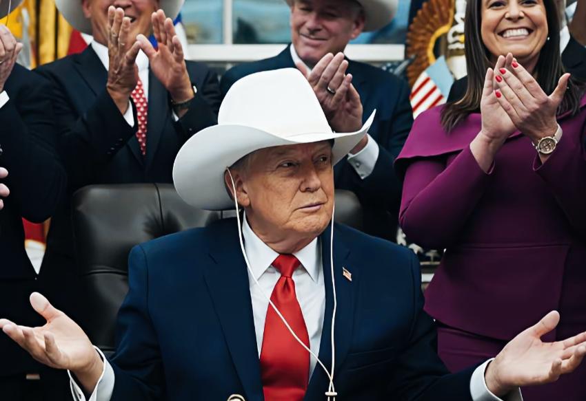 特朗普戴着这帽子好看吗？
特朗普后边站着这些人，是真诚的鼓掌👏吗？
这些人是不