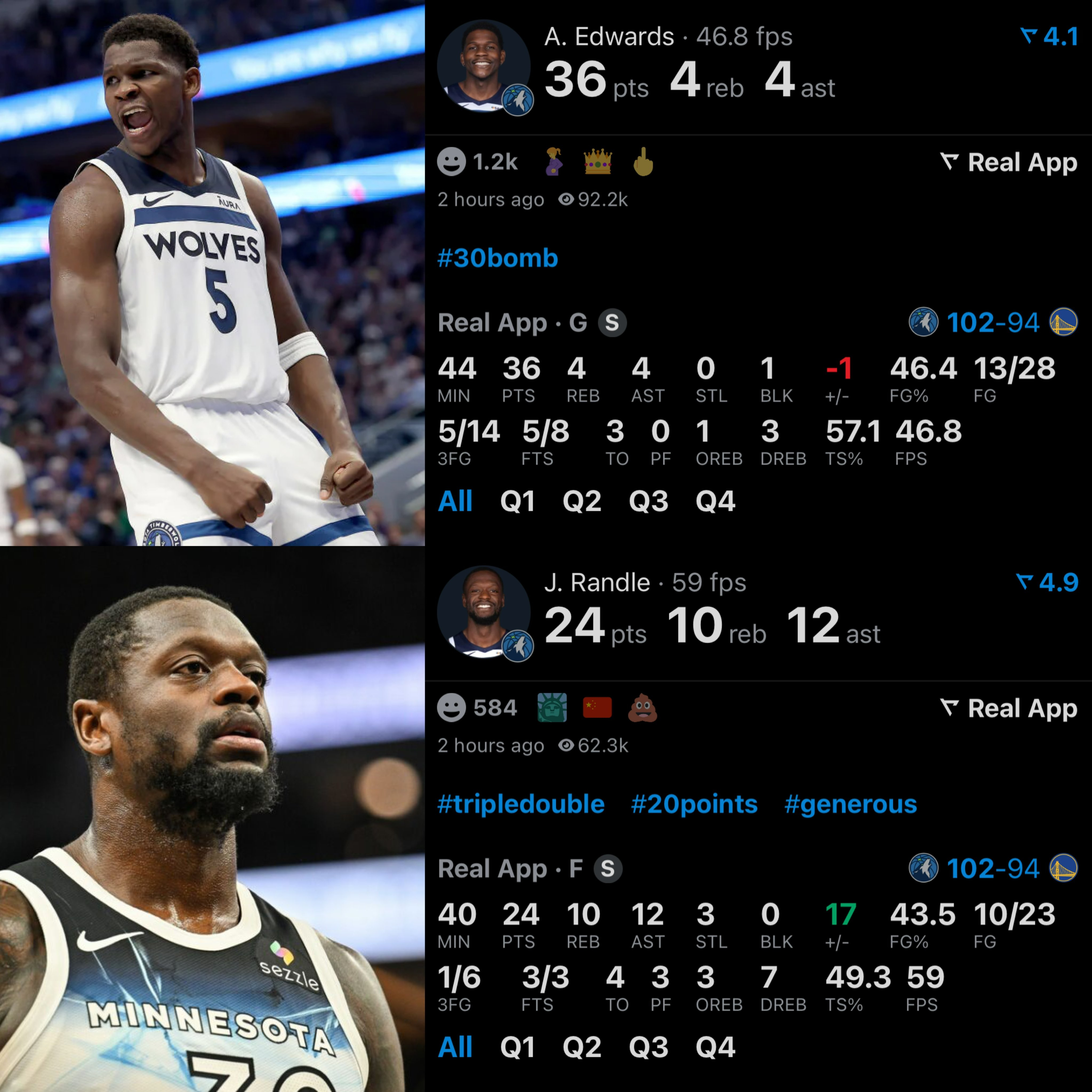 爱德华兹下半场真猛。兰德尔比唐斯强[淡淡的]NBA季后赛 ​​​森林狼vs勇士 