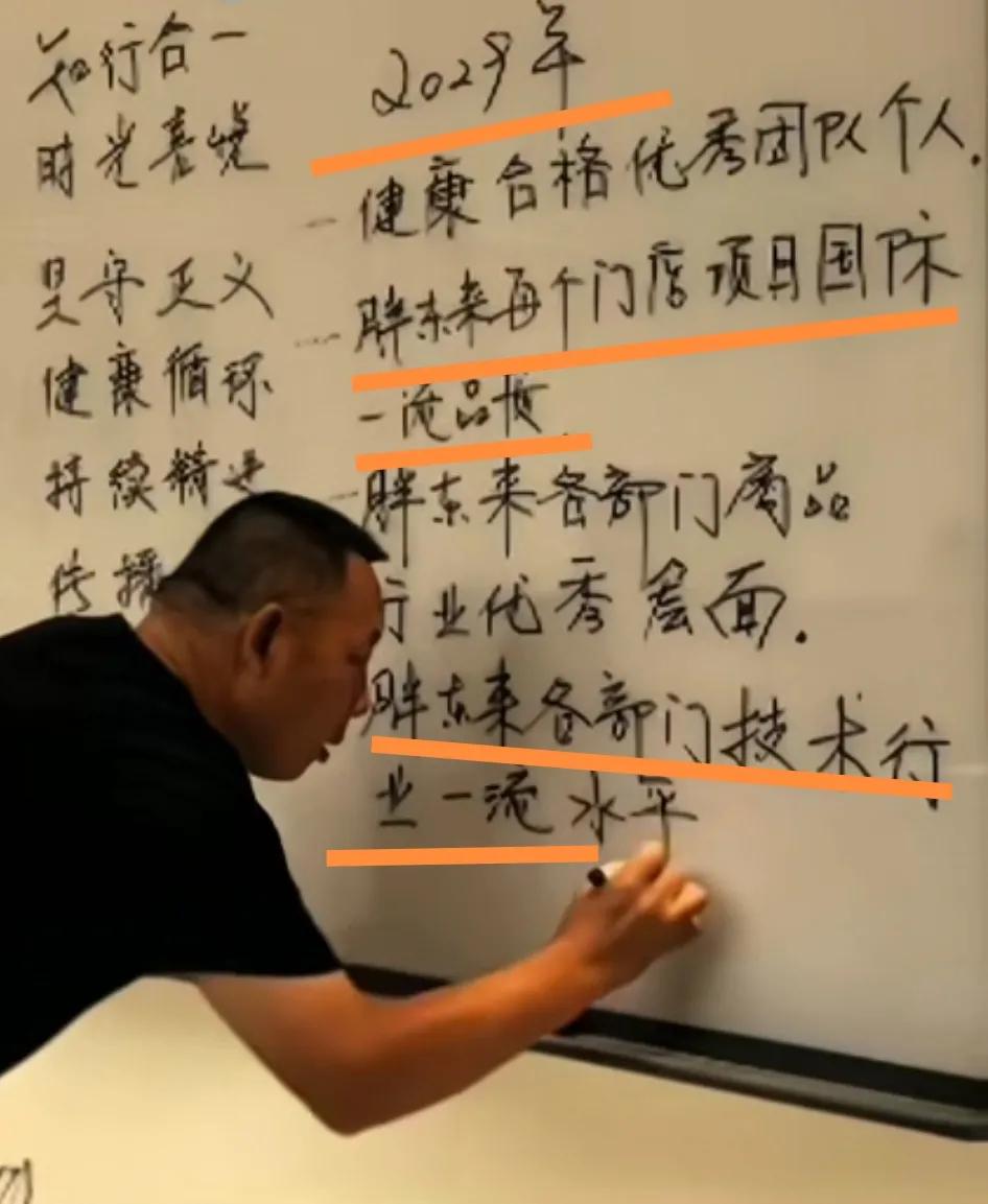 8月8日，于东来开会手写板2029年目标：1.胖东来每个门店项目国际一流品质。2
