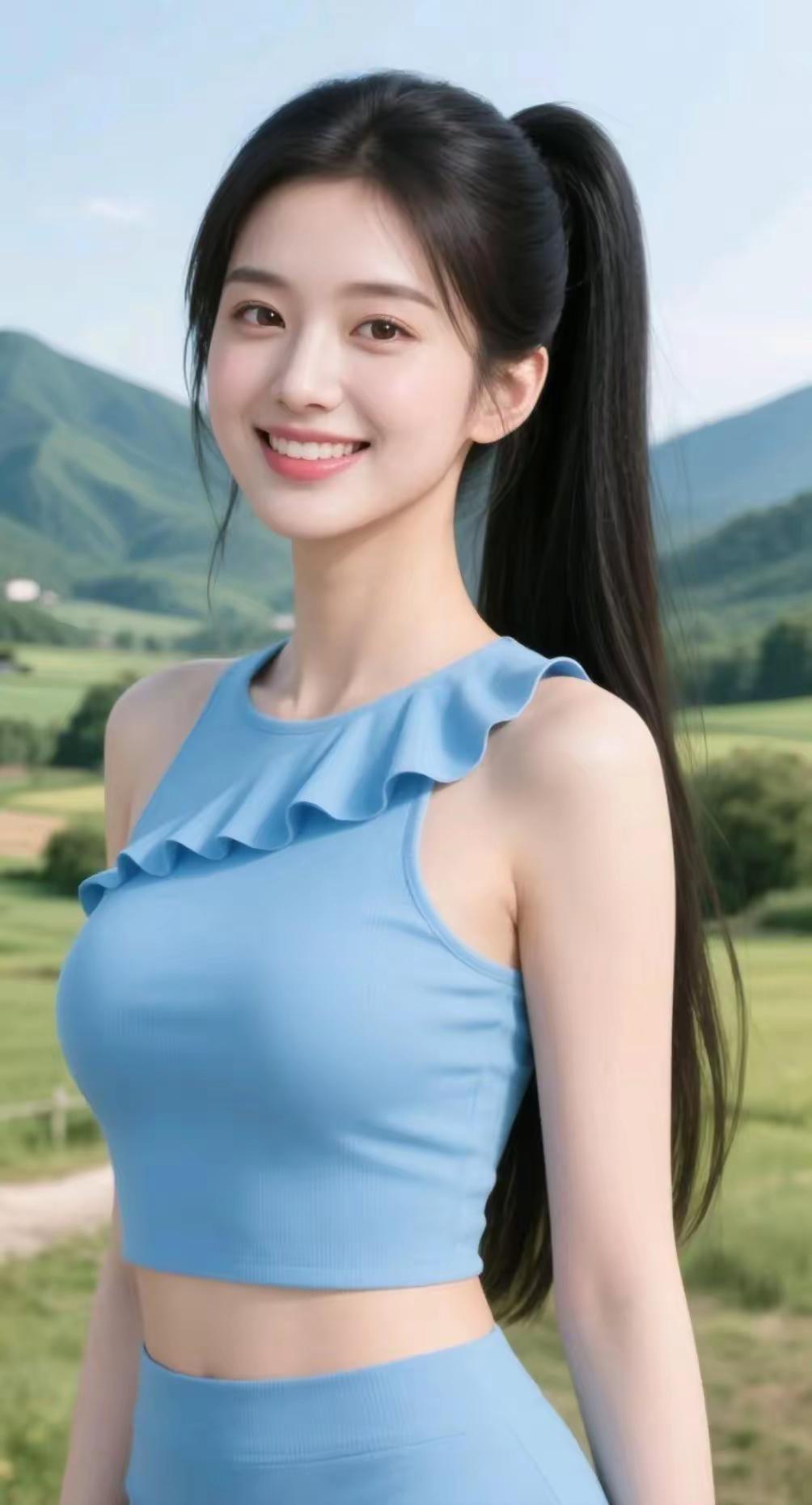 元气少女在山野间，笑容灿烂，活力满满！🌿🌞