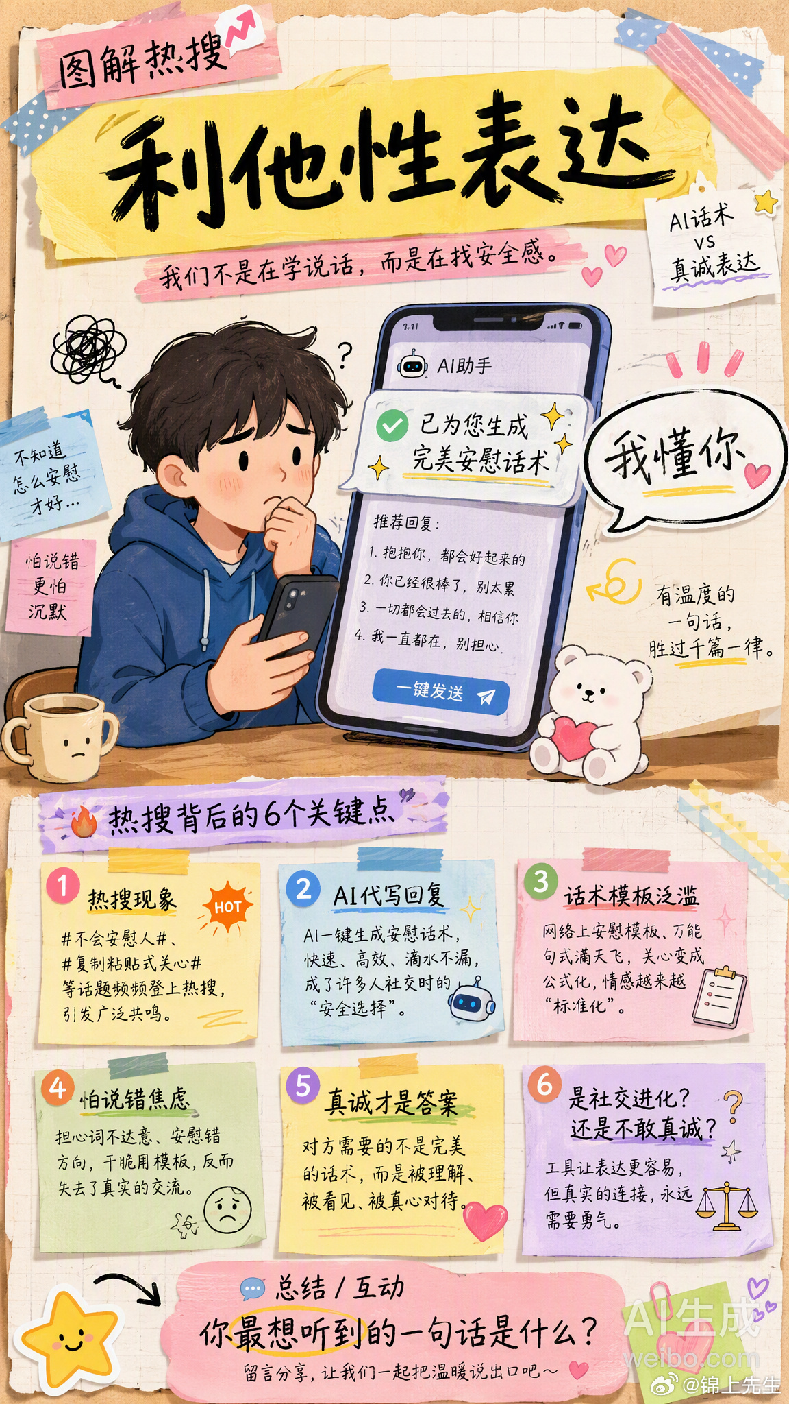 利他性表达 最近这个词频繁上热搜，点进去全是各种「安慰话术模板」，甚至有人聊天前