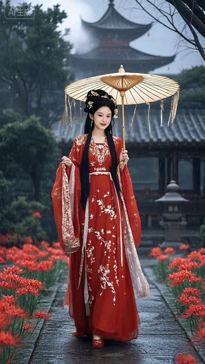 七绝●雨中赏花  

润雨鲜花犹嫩艳，
蒙烟老院更幽深。
亭台小径盈情趣，
举伞