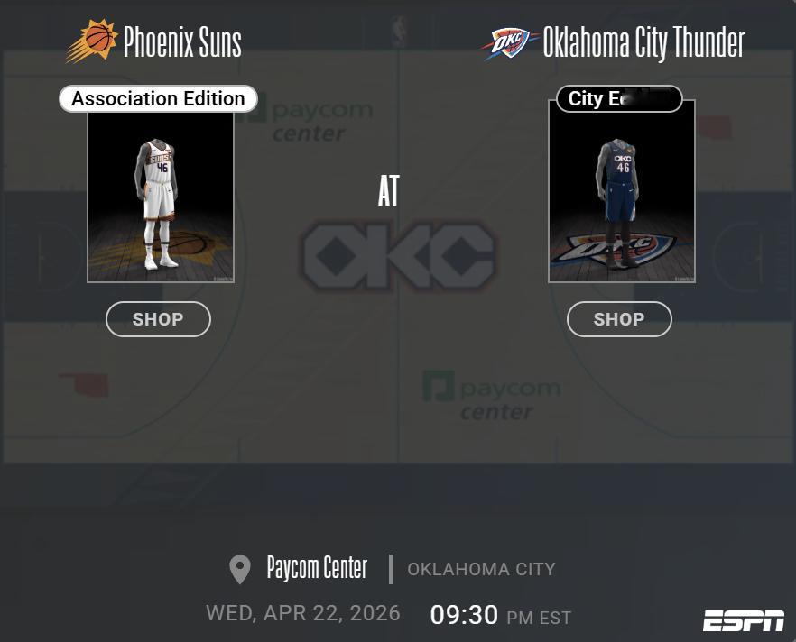 明天上午九点半，雷霆将在主场迎来和太阳的系列赛第二场，ESPN全美直播。你雷会身