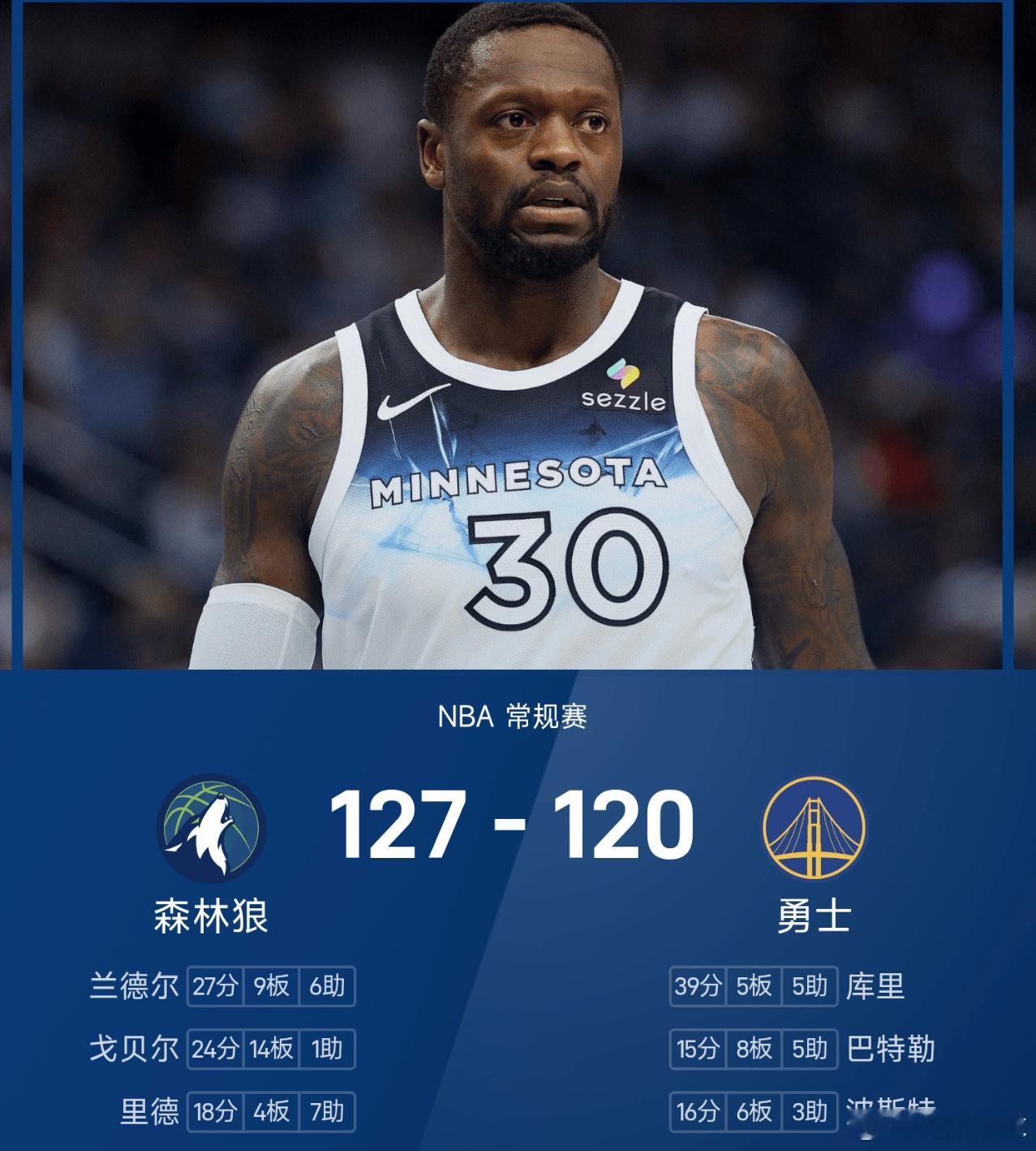 12月13日讯 25/26赛季NBA 常规赛，勇士对阵森林狼。双方全场战罢，勇士