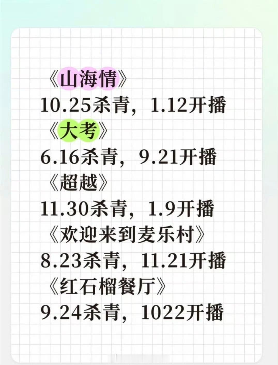 网友总结部分剧集杀青到开播间隔天数：白宇帆《红石榴餐厅》27天李庚希《超越》39
