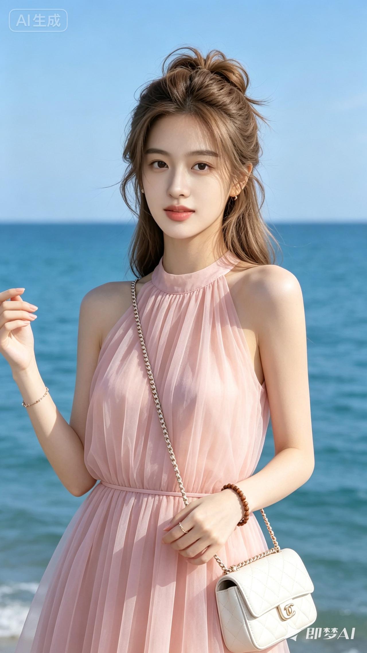 海边度假穿搭指南：粉色连衣裙+白色小包，轻松自在