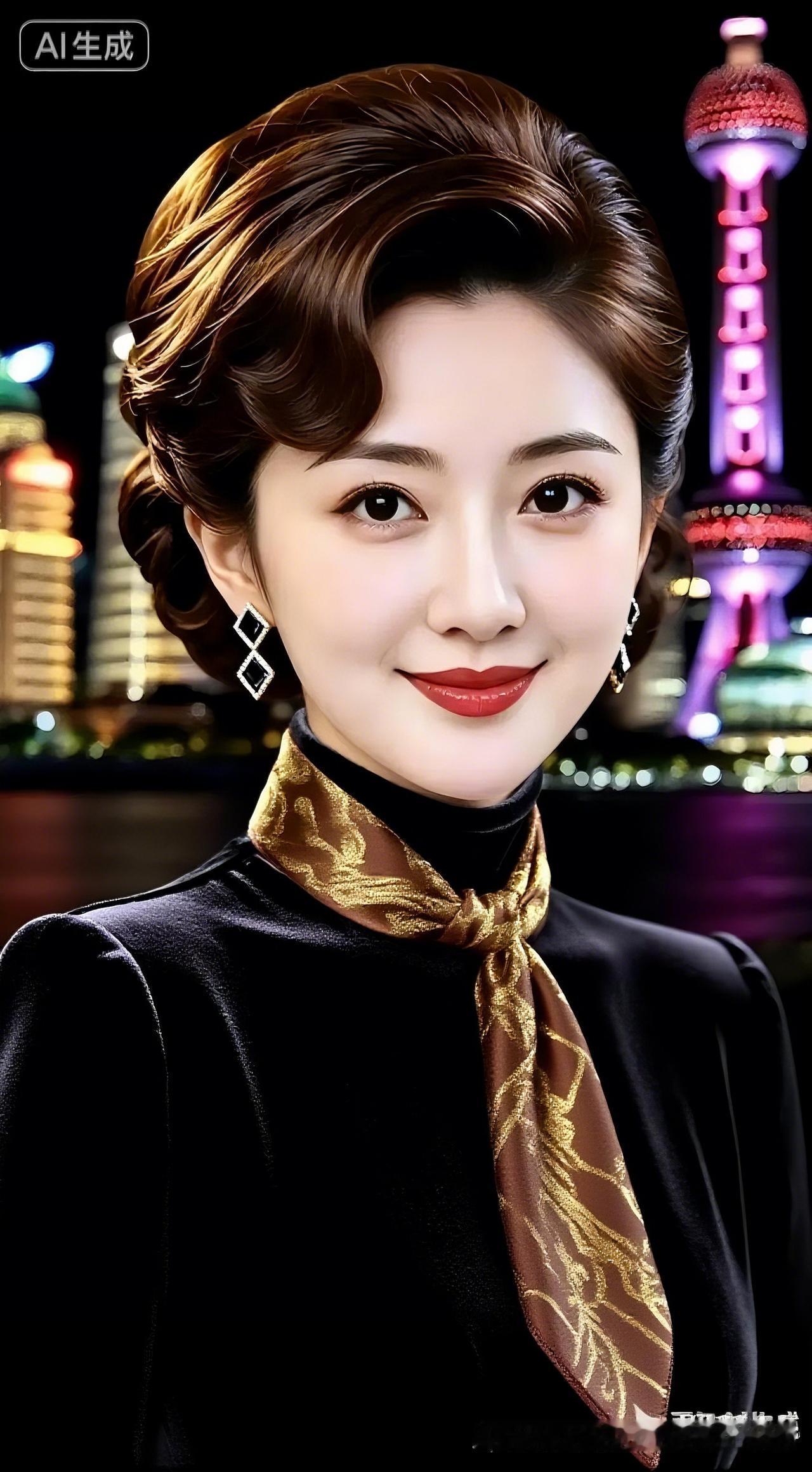 女子留深棕蓬松大波浪卷发，戴黑金镶钻几何耳饰。身着黑色丝绒修身服饰，颈间系棕底金