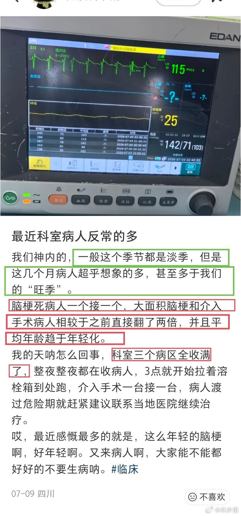 “最近科室病人反常的多”“…一般这个季节都是淡季，但是这几个月病人超乎想象的多，