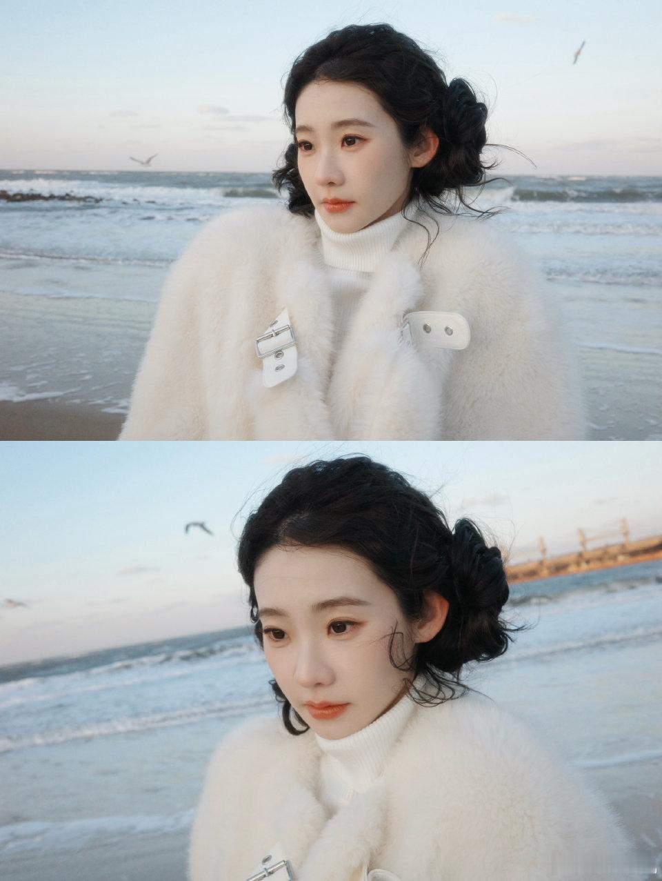 张艺凡咋萌成萨摩耶了 阳光在她奶白色外套上镀了层蜜糖光泽，笑起来时卧蚕鼓成小括号