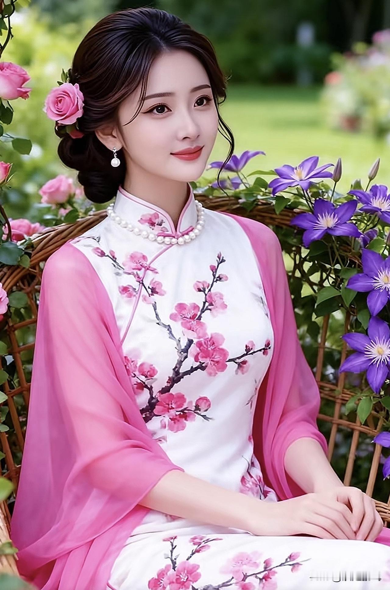 温柔古典的旗袍，花丛中的优雅美人旗袍烟雨景 旗袍风景 玫瑰花旗袍写真 旗袍庭院照