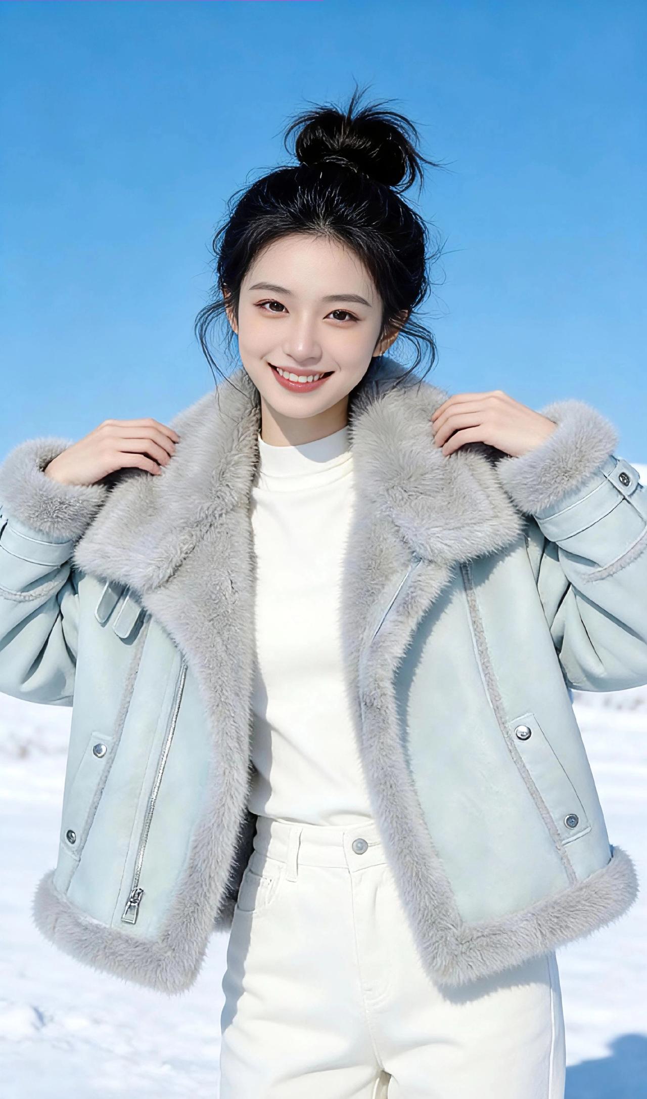 雪日晴风
 
冬日的风裹着碎雪的凉意掠过肩头，却被浅蓝皮毛外套兜住了大半。天空是