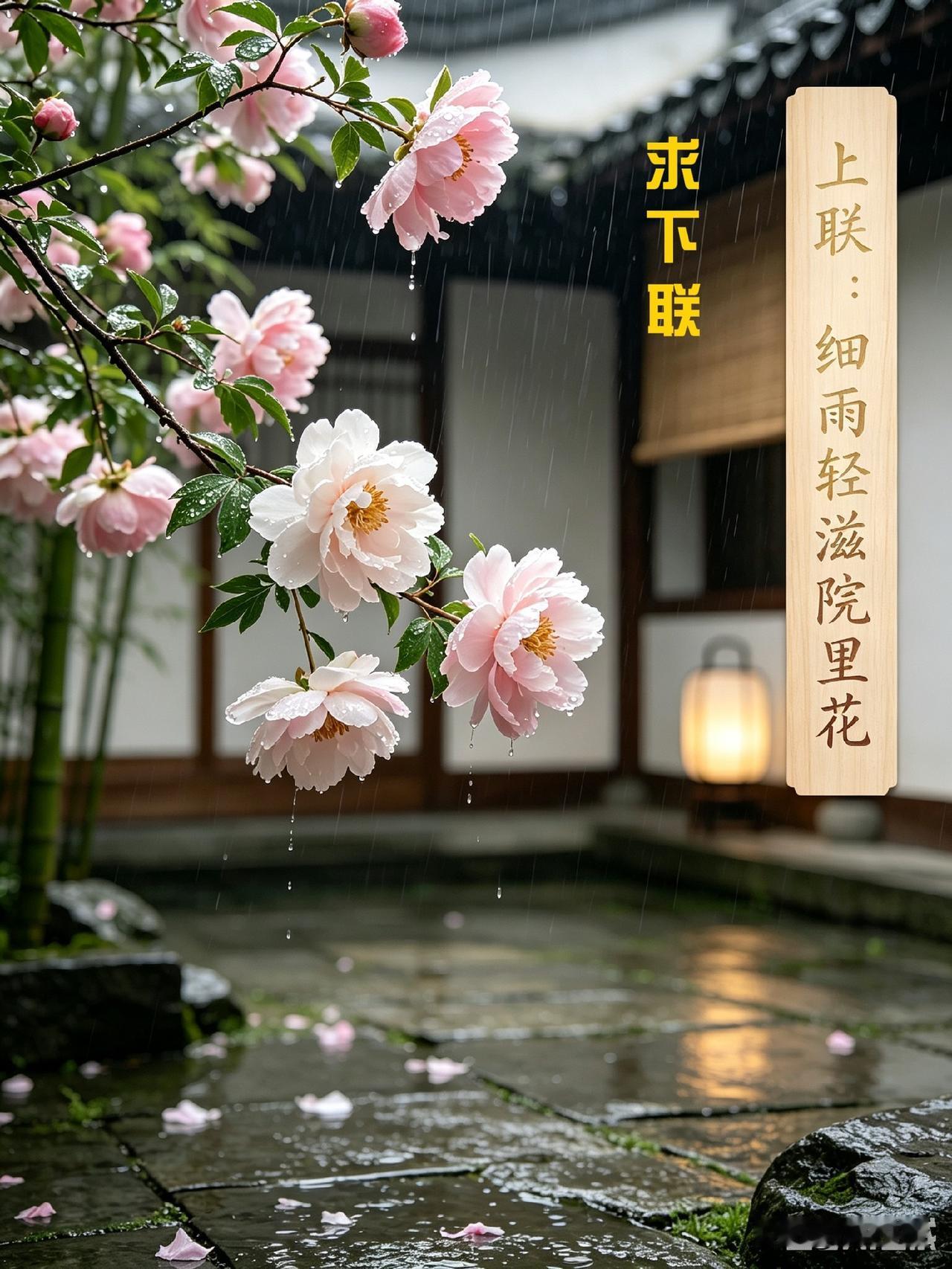细雨缠绵洒落庭院，粉牡丹沾着水珠温润雅致，眼前这幅景致，我即兴写下一句上联：
