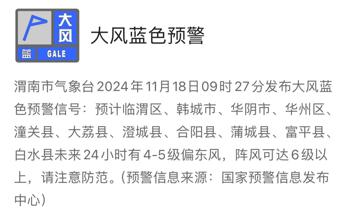 渭南市气象台发布大风蓝色预警信号，请注意防范。