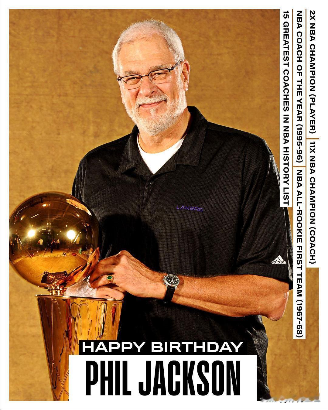 NBA官方给菲尔 - 杰克逊送上80岁生日祝福啦！这老爷子可是妥妥的传奇人物。球