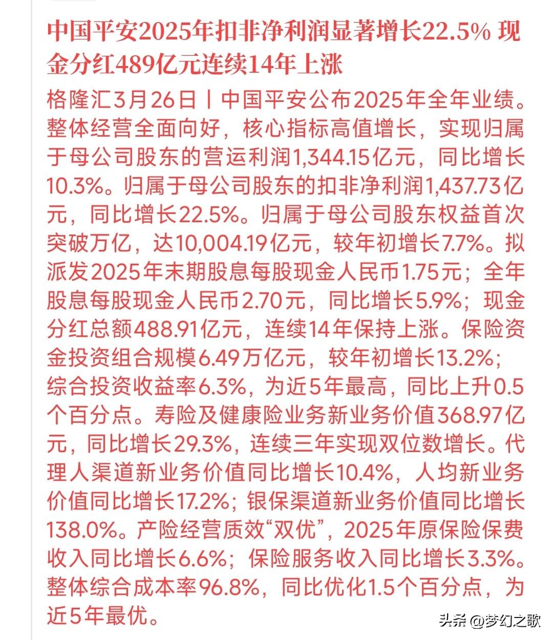 中国平安公布2025年业绩，但要注意鞋子落地，跟今天一样
中国平安2025年的业