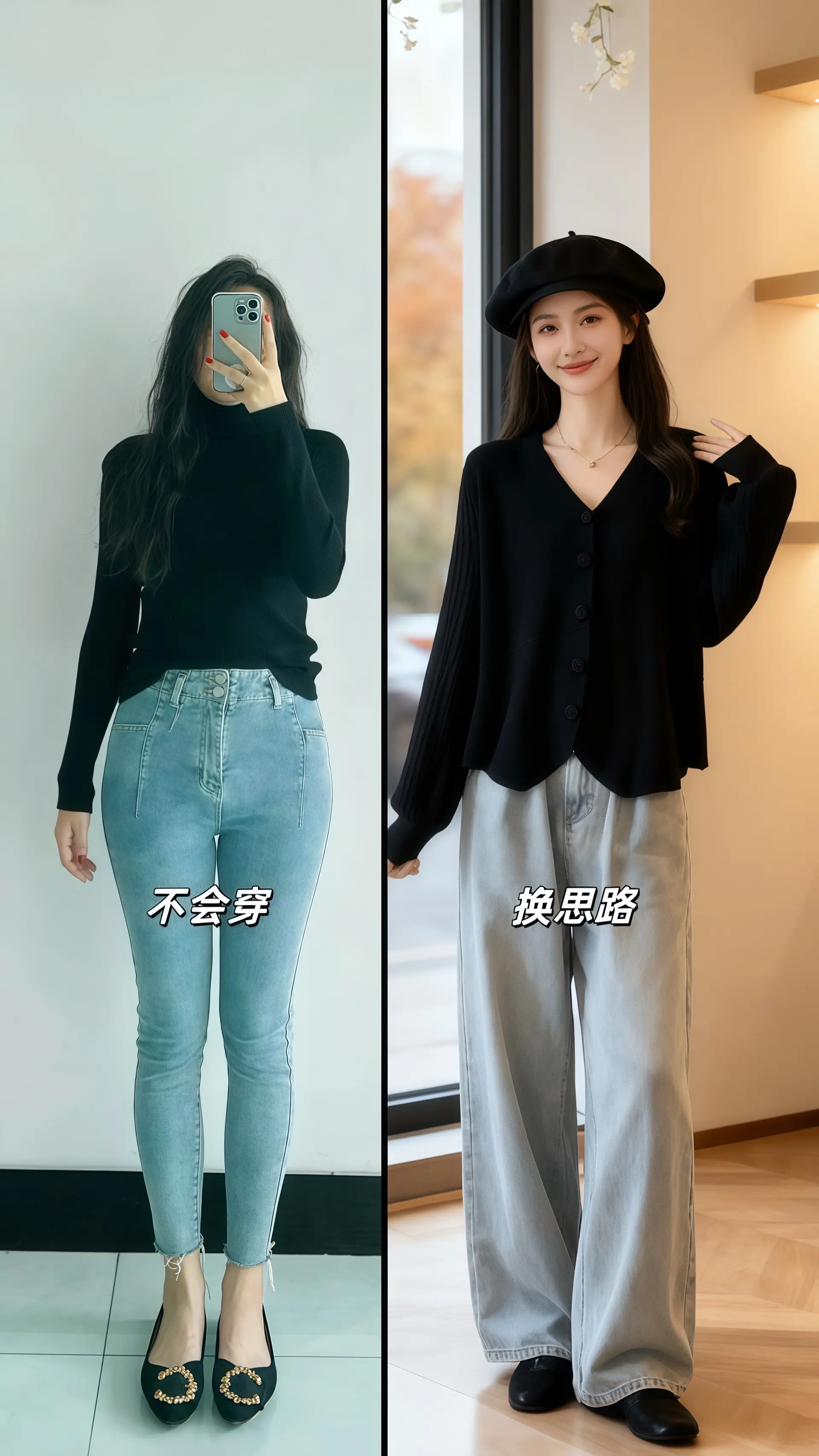 她穿着V领设计感针织开衫，细腻的毛线裹着温柔的体温，不规则剪裁在衣角荡...