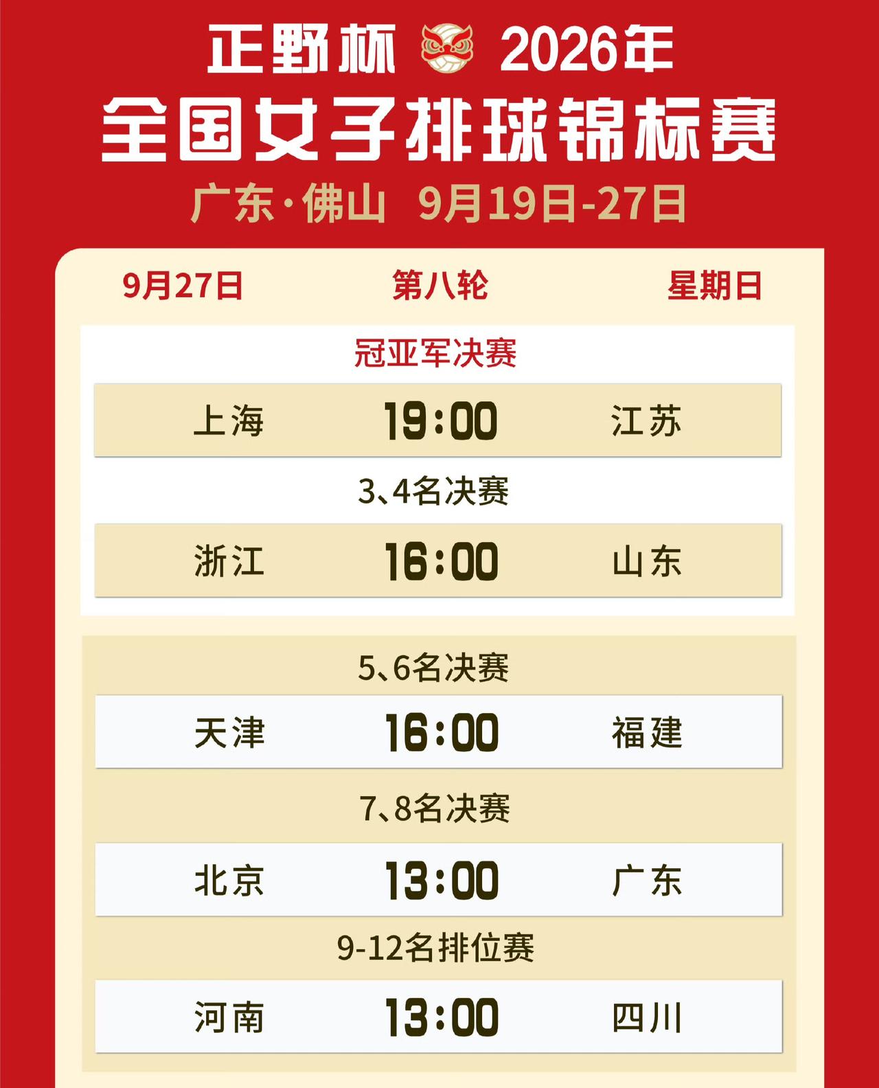 9月27日女排全锦赛决赛时间
9月27日（周日）
铜牌战
16：00山东VS浙江