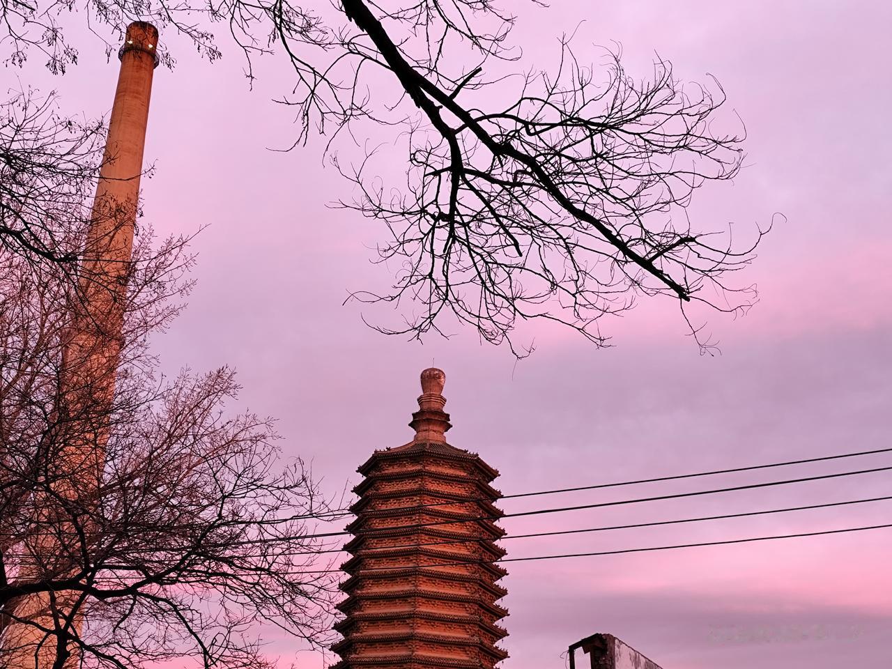 今年冬天的不同朝霞满天映京城，粉红色的天空，惊艳了每一个早起为了生活而奔波忙碌的