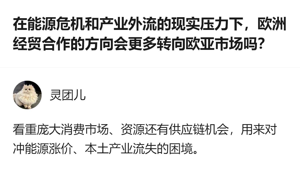 欧洲现在被能源危机和产业外流压得头疼，经贸合作的方向确实越来越偏向欧亚市场了，说