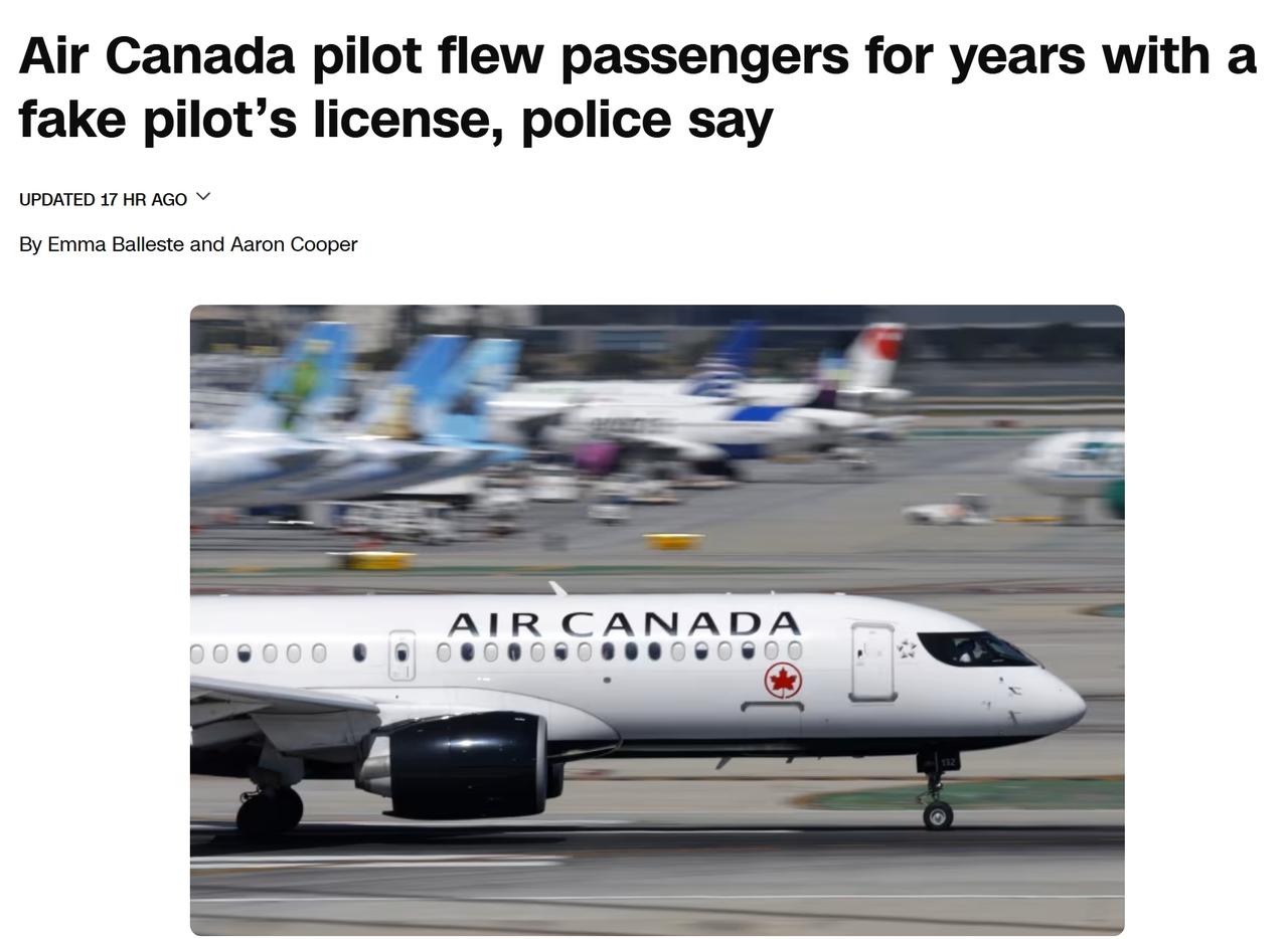 加拿大航空一名飞行员长达17年无证驾驶
加拿大警方周二宣布，前加拿大航空飞行员杰