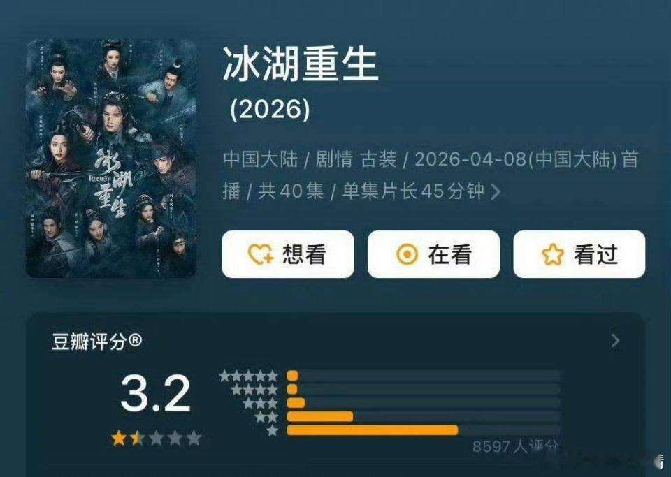 冰湖重生豆瓣3.2我的人间烟火2.7，八区的先生们2.1，豆瓣三煞，还有下降的空