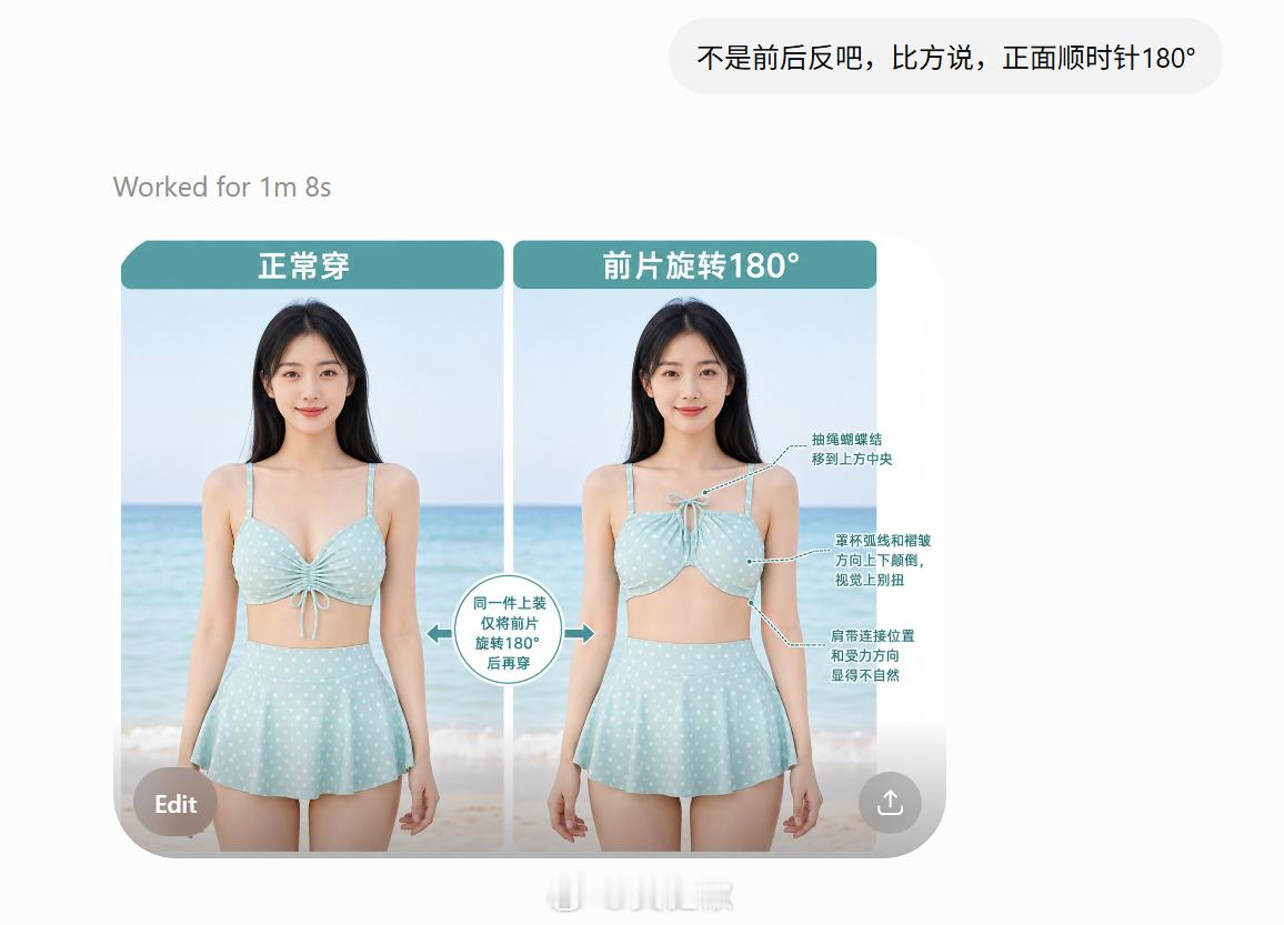 GPT Image 2搞不清楚图一“泳衣穿反”是什么情况。它首先画前后穿反。我提