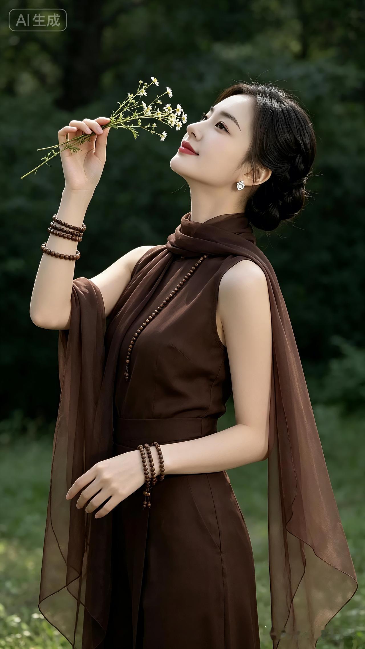 一位女子在户外闻着小花。