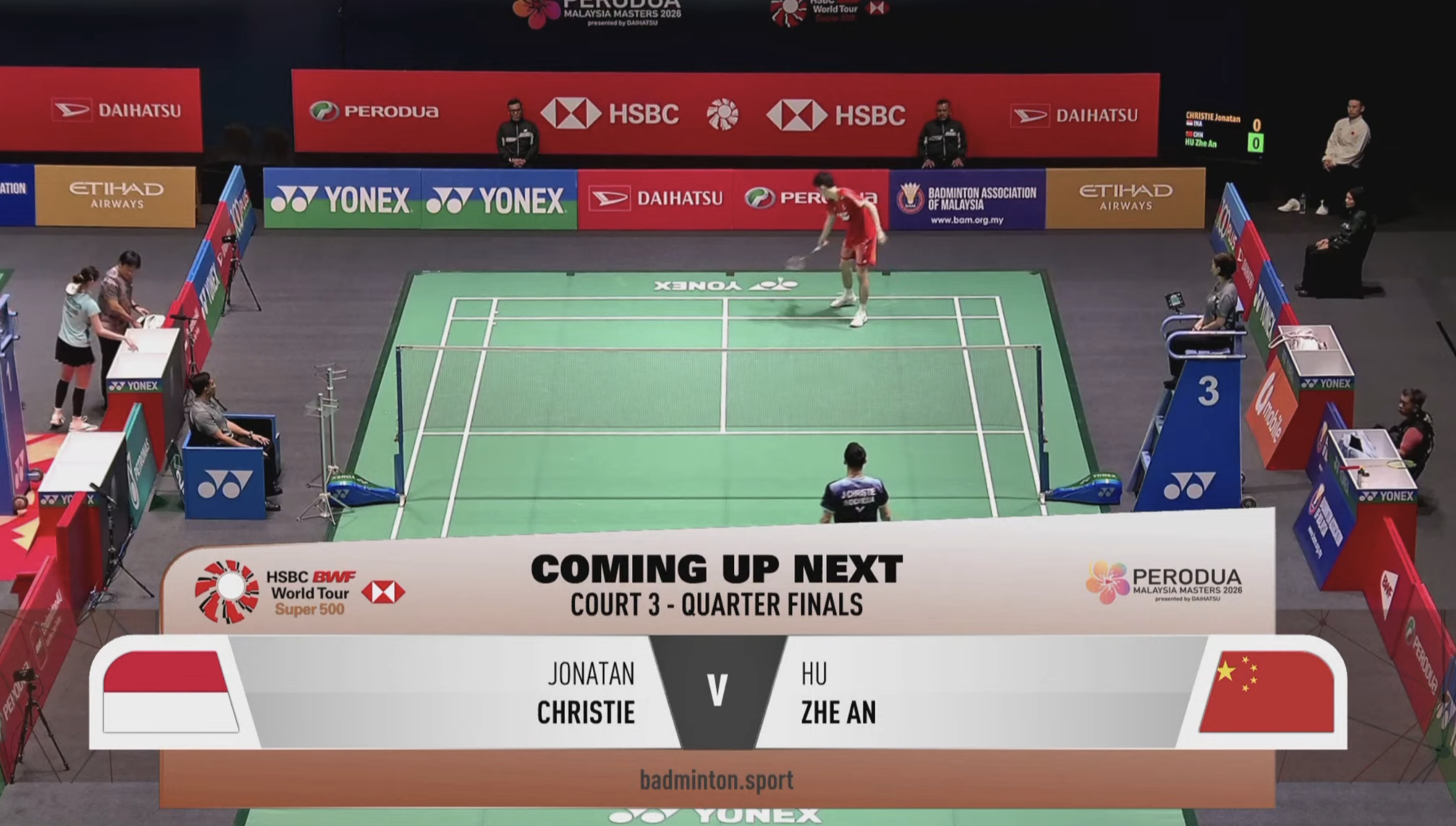 胡哲安🇨🇳 vs 🇮🇩乔纳坦，比赛马上开始！2026年大马羽毛球大师赛中