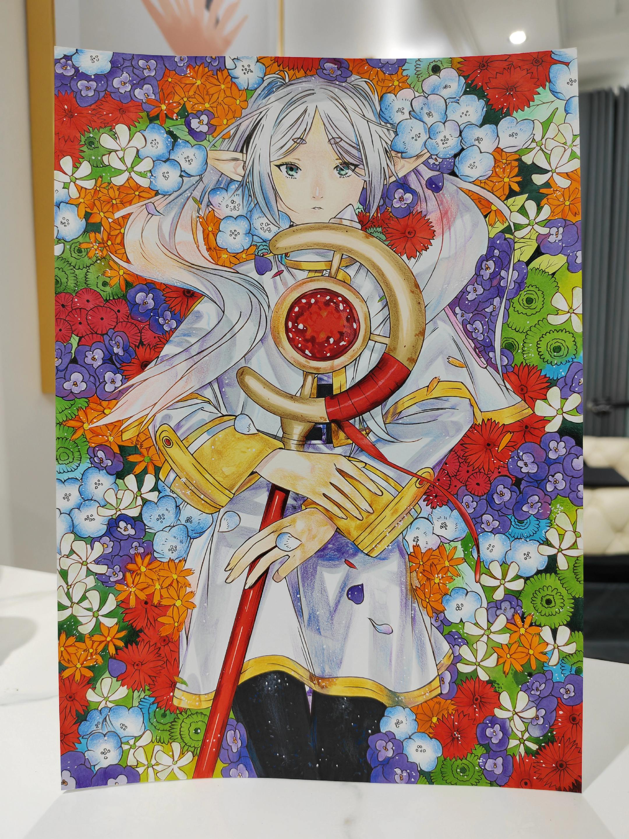 葬送的芙莉莲手绘过程图。这张背景的花 比我这辈子画的花都多。