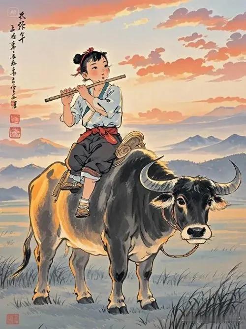 西山托落日，
落日放霞飞。
牧歌绕山转，
青牛驼我归。