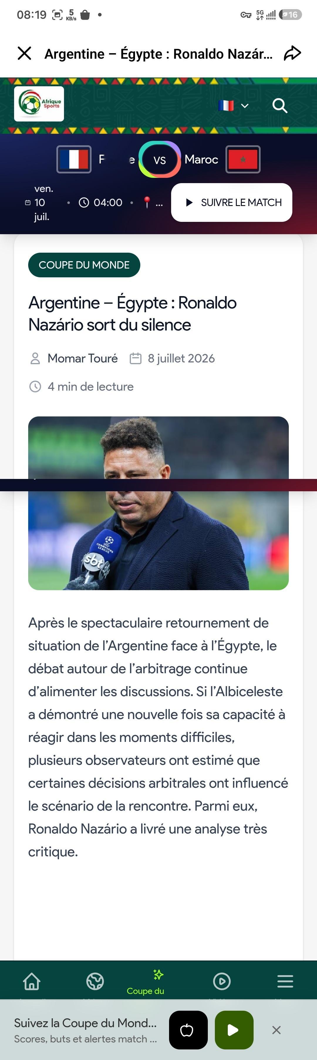 截图就是Afrique Sports官网原文，发布时间2026年7月8日，作者M