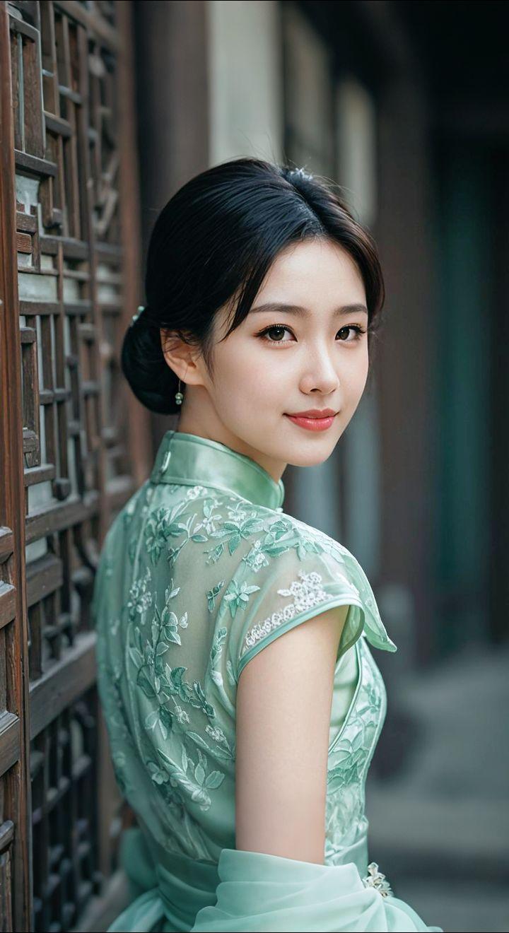 AI扩图 AI绿旗袍佳人