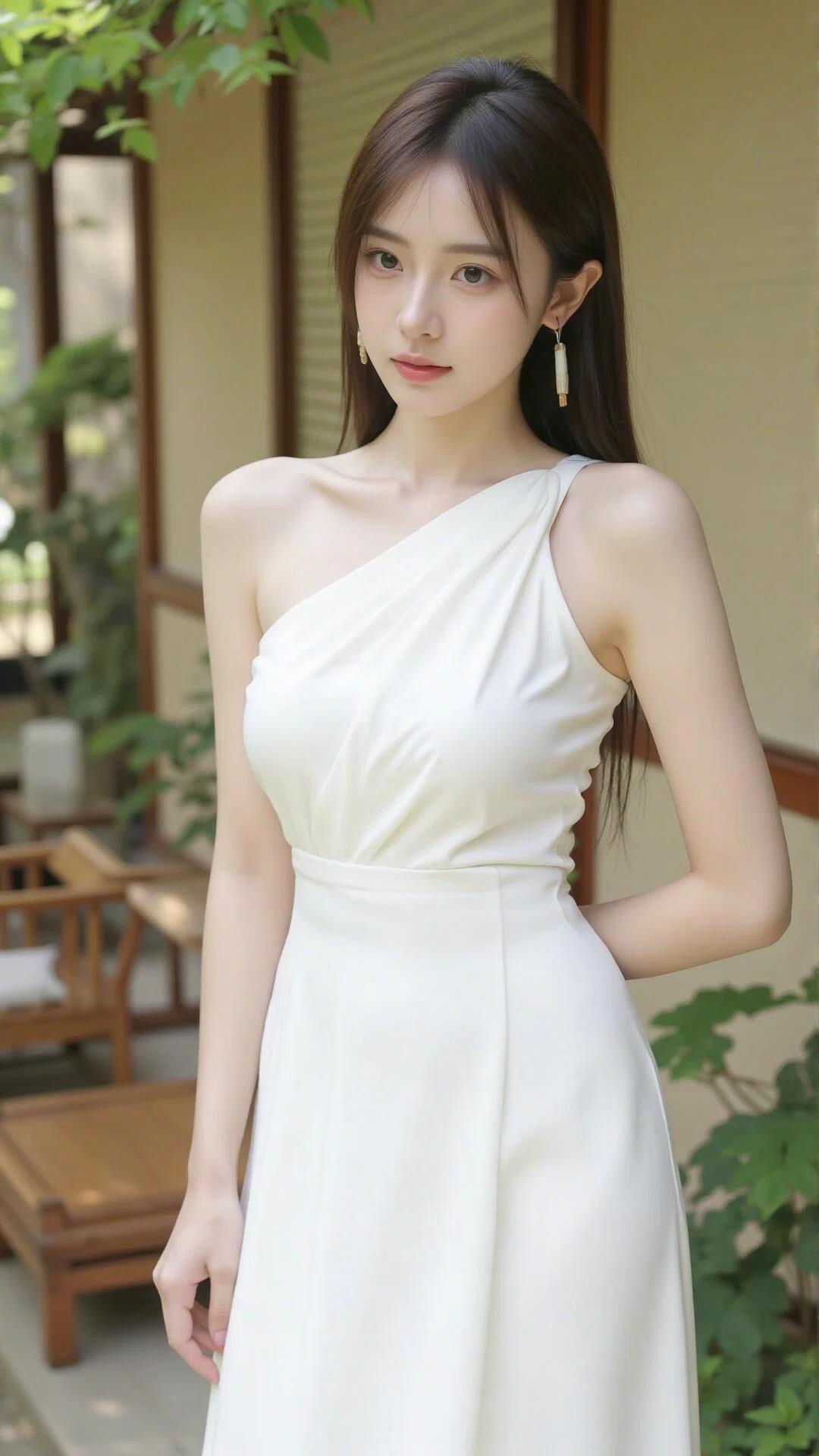 以下是详细的分析：

1. 穿搭风格解析
- 核心单品：主角穿着一件纯白色的连衣