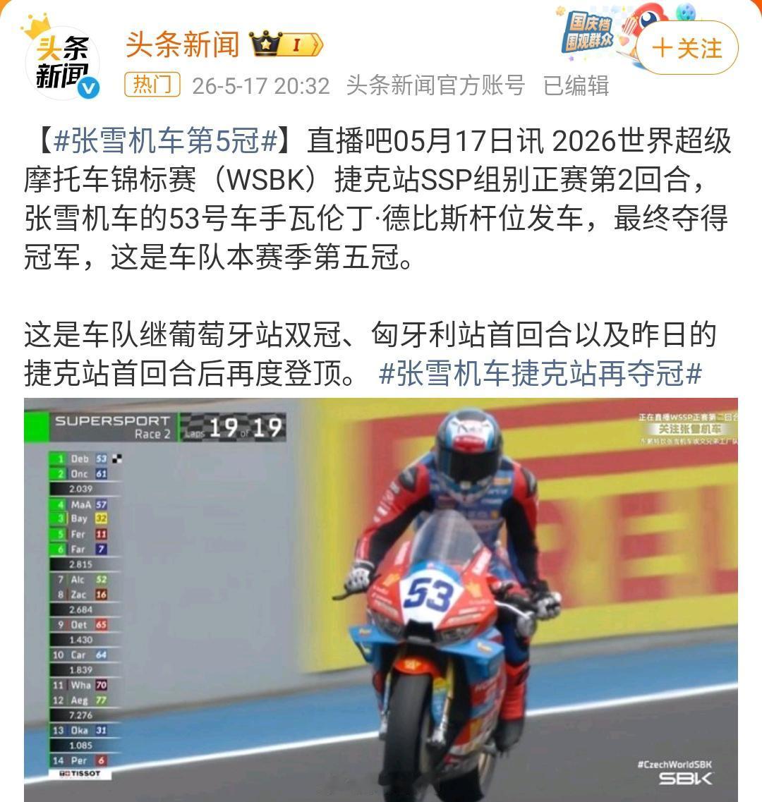 张雪机车夺得第5冠！

2026世界超级摩托车锦标赛（WSBK）捷克站SSP组别