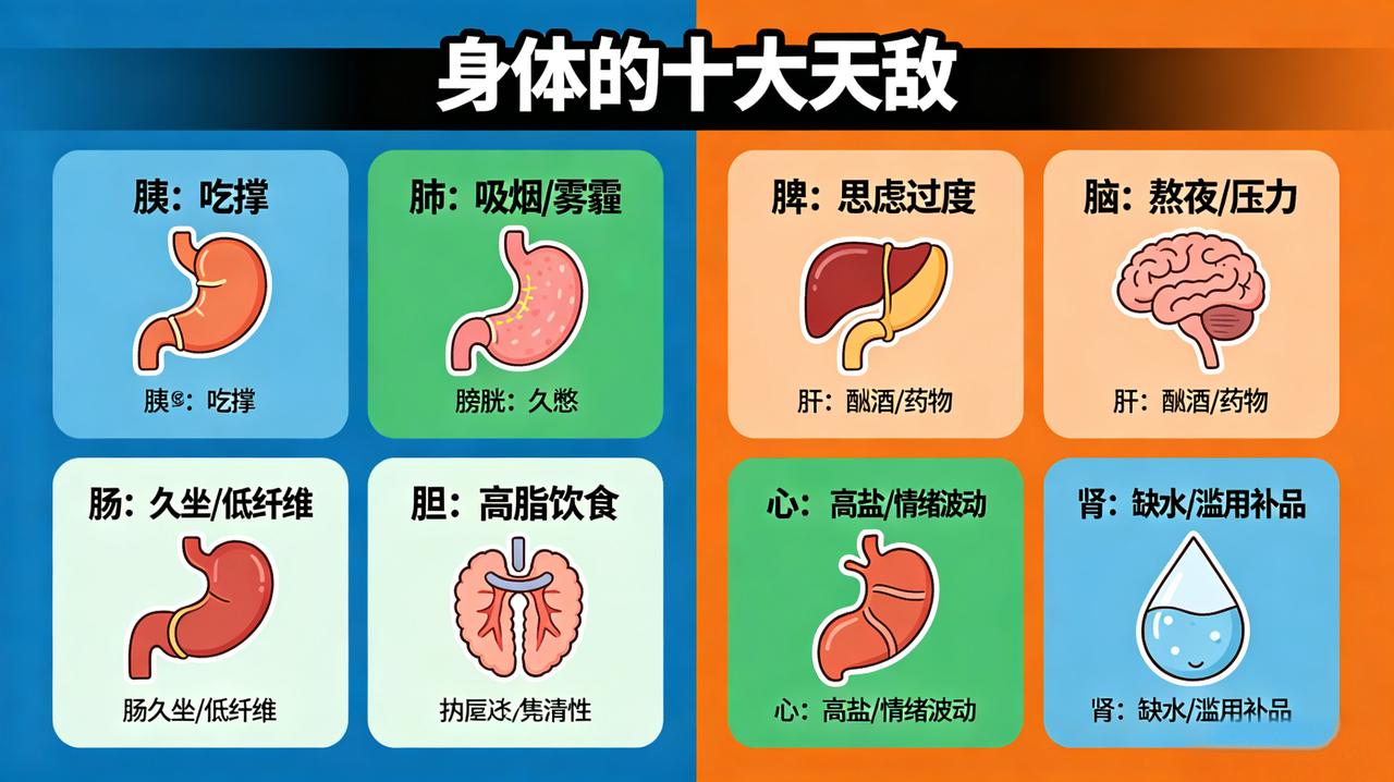 身体的十大天敌
①胰的天敌：暴饮暴食、长期酗酒！
②肺的天敌：长期吸烟、空气污染
