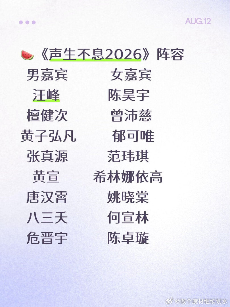 🍉《声生不息2026》阵容 ，你最期待谁男嘉宾              女嘉